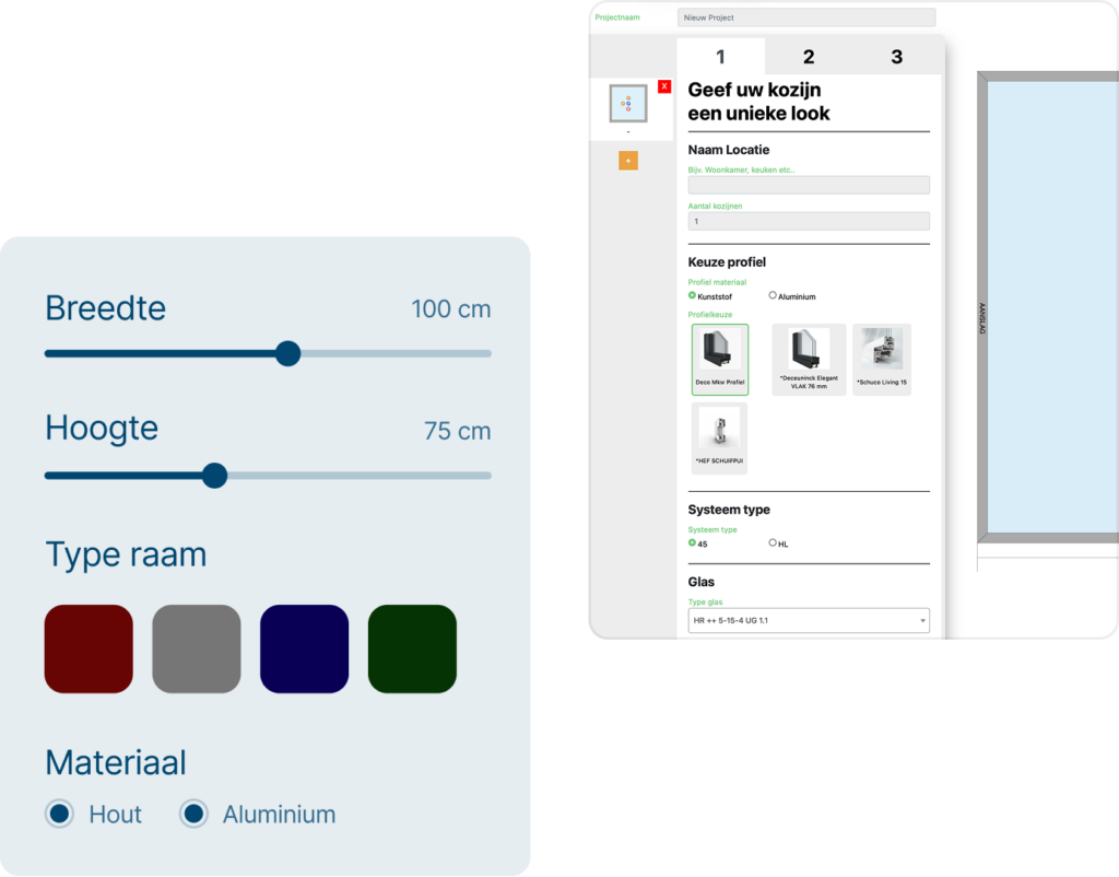 2D configurator met afmetingen, raamtype en materiaalkeuze