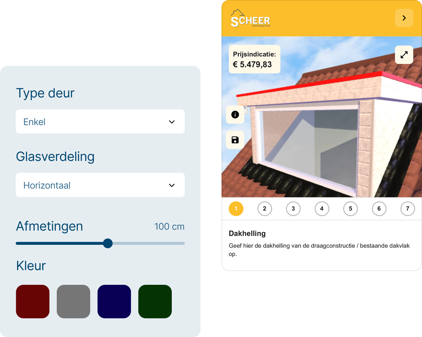 3D configurator met deurtype, glasverdeling en kleurkeuze