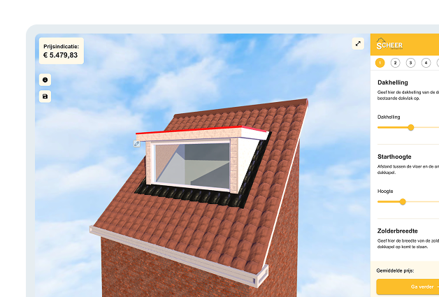 Dakkapel configurator met 3D dakvoorbeeld